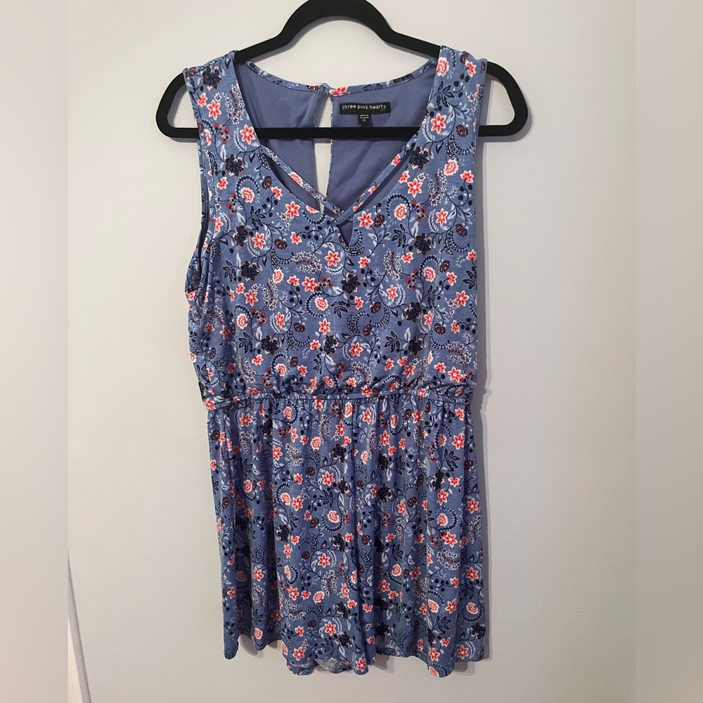 Three Hearts Blue Floral Romper with Red Accents